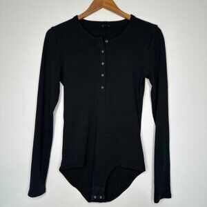 J Crew Henley Ribbed Bodysuit‎ Size M Black Cotton Knit Long sleeve